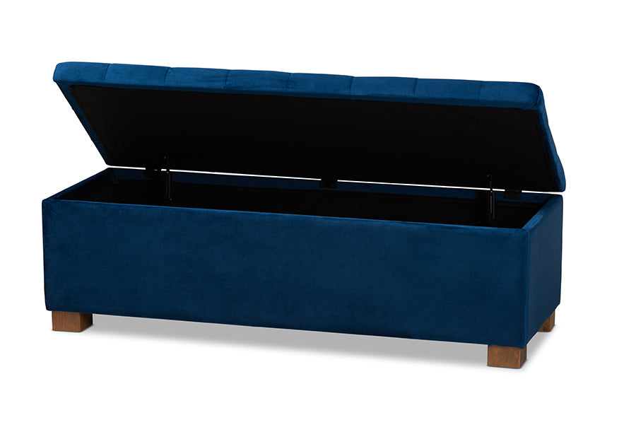 baxton studio roanoke modern and contemporary navy blue velvet fabric upholstered grid tufted storage ottoman bench | Modish Furniture Store-3