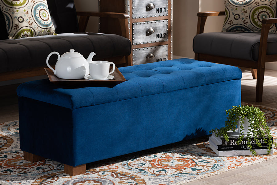 Baxton Studio Roanoke Modern and Contemporary Navy Blue Velvet Fabric Upholstered Grid-Tufted Storage Ottoman Bench | Modishstore | Ottomans