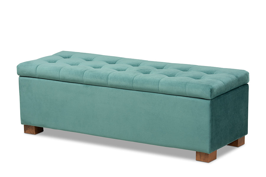 baxton studio roanoke modern and contemporary teal blue velvet fabric upholstered grid tufted storage ottoman bench | Modish Furniture Store-2