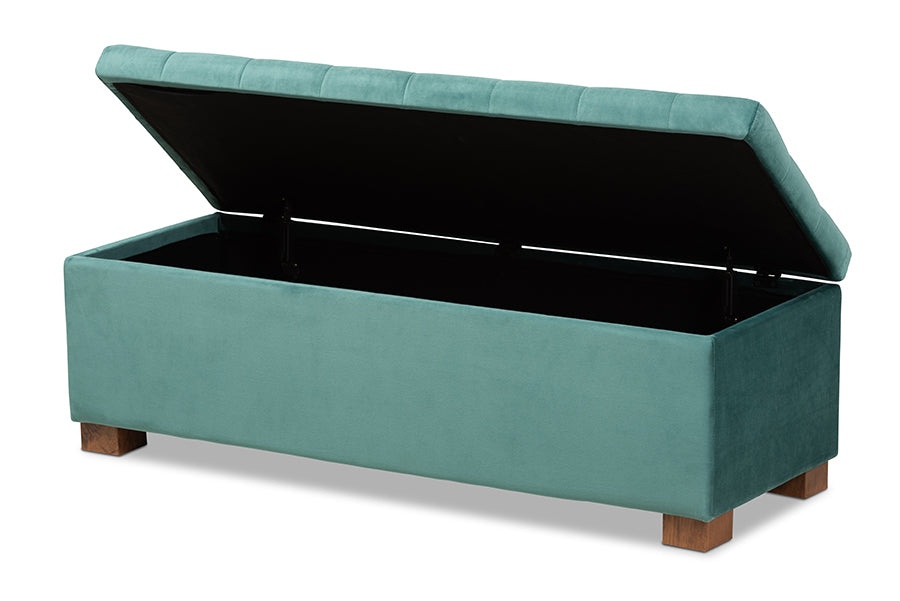 baxton studio roanoke modern and contemporary teal blue velvet fabric upholstered grid tufted storage ottoman bench | Modish Furniture Store-3