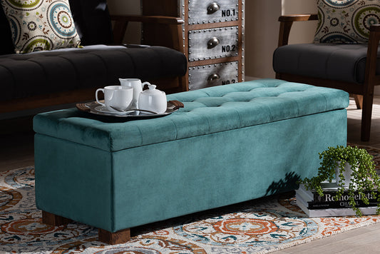 Baxton Studio Roanoke Modern and Contemporary Teal Blue Velvet Fabric Upholstered Grid-Tufted Storage Ottoman Bench | Modishstore | Ottomans