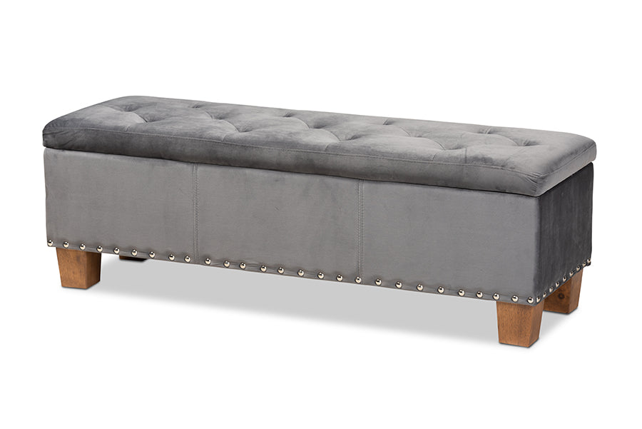 baxton studio hannah modern and contemporary grey velvet fabric upholstered button tufted storage ottoman bench | Modish Furniture Store-2