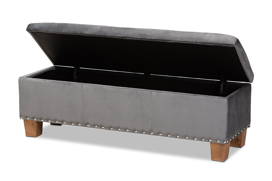 baxton studio hannah modern and contemporary grey velvet fabric upholstered button tufted storage ottoman bench | Modish Furniture Store-3