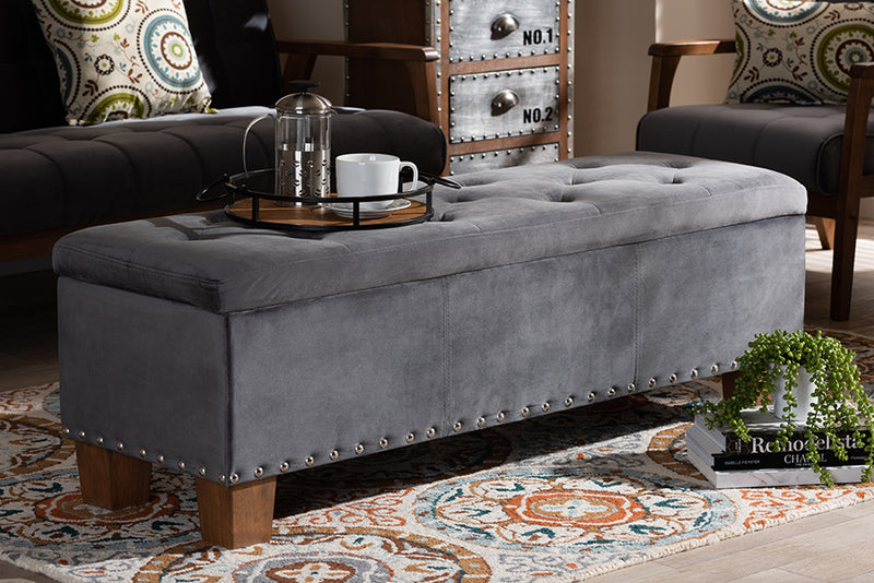 Baxton Studio Hannah Modern and Contemporary Grey Velvet Fabric Upholstered Button-Tufted Storage Ottoman Bench | Modishstore | Ottomans