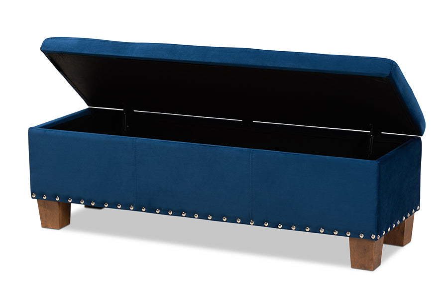 baxton studio hannah modern and contemporary navy blue velvet fabric upholstered button tufted storage ottoman bench | Modish Furniture Store-3