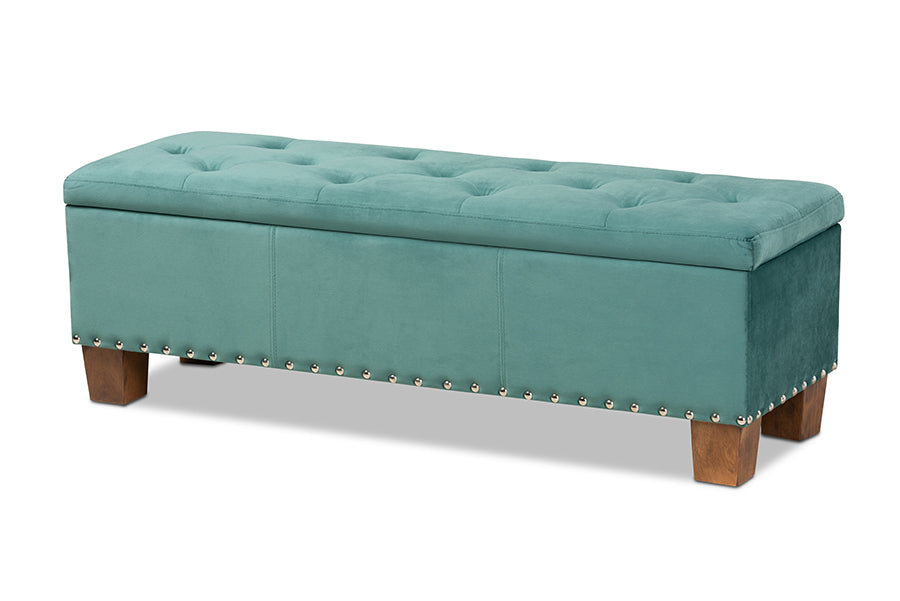baxton studio hannah modern and contemporary teal blue velvet fabric upholstered button tufted storage ottoman bench | Modish Furniture Store-2