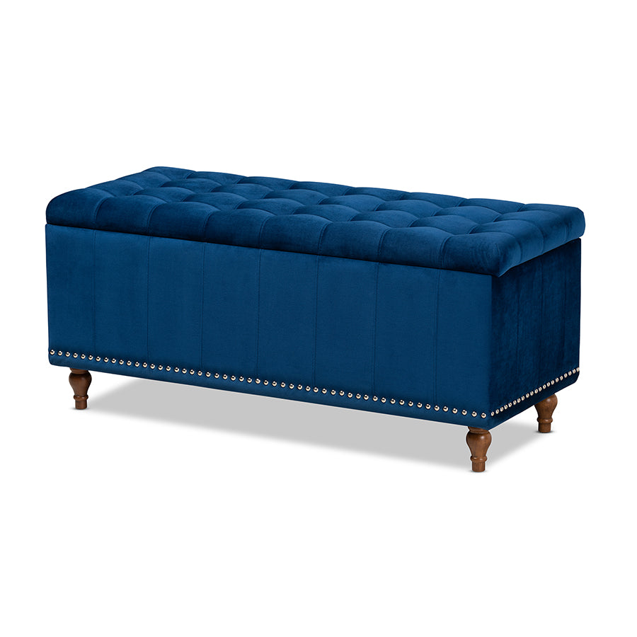 baxton studio kaylee modern and contemporary navy blue velvet fabric upholstered button tufted storage ottoman bench | Modish Furniture Store-2