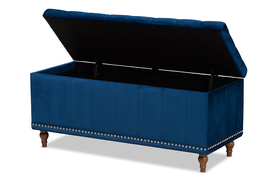 baxton studio kaylee modern and contemporary navy blue velvet fabric upholstered button tufted storage ottoman bench | Modish Furniture Store-3