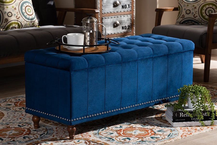 Baxton Studio Kaylee Modern and Contemporary Navy Blue Velvet Fabric Upholstered Button-Tufted Storage Ottoman Bench | Modishstore | Ottomans