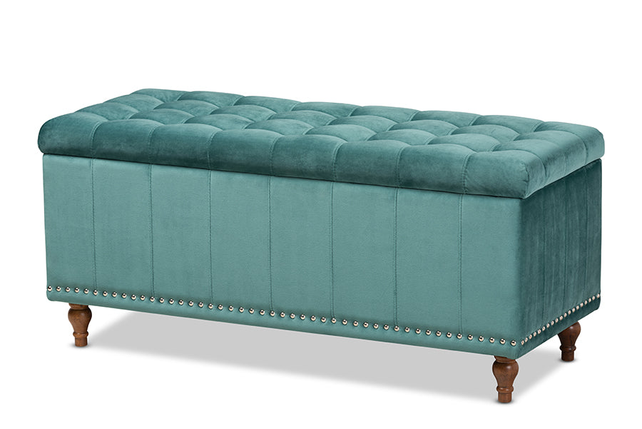 baxton studio kaylee modern and contemporary teal blue velvet fabric upholstered button tufted storage ottoman bench | Modish Furniture Store-2