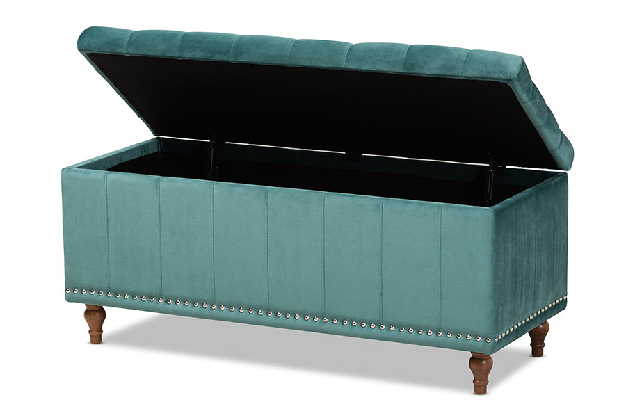 baxton studio kaylee modern and contemporary teal blue velvet fabric upholstered button tufted storage ottoman bench | Modish Furniture Store-3