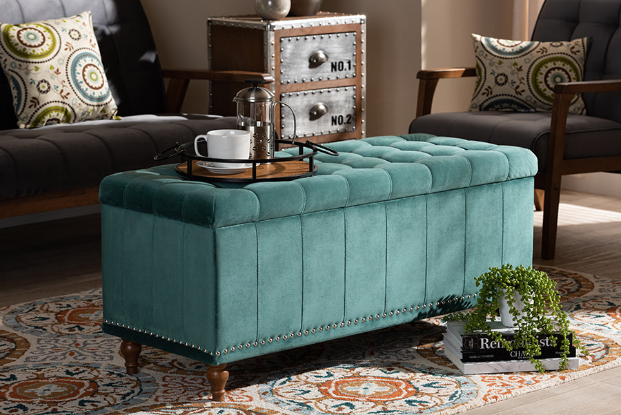 Baxton Studio Kaylee Modern and Contemporary Teal Blue Velvet Fabric Upholstered Button-Tufted Storage Ottoman Bench | Modishstore | Ottomans