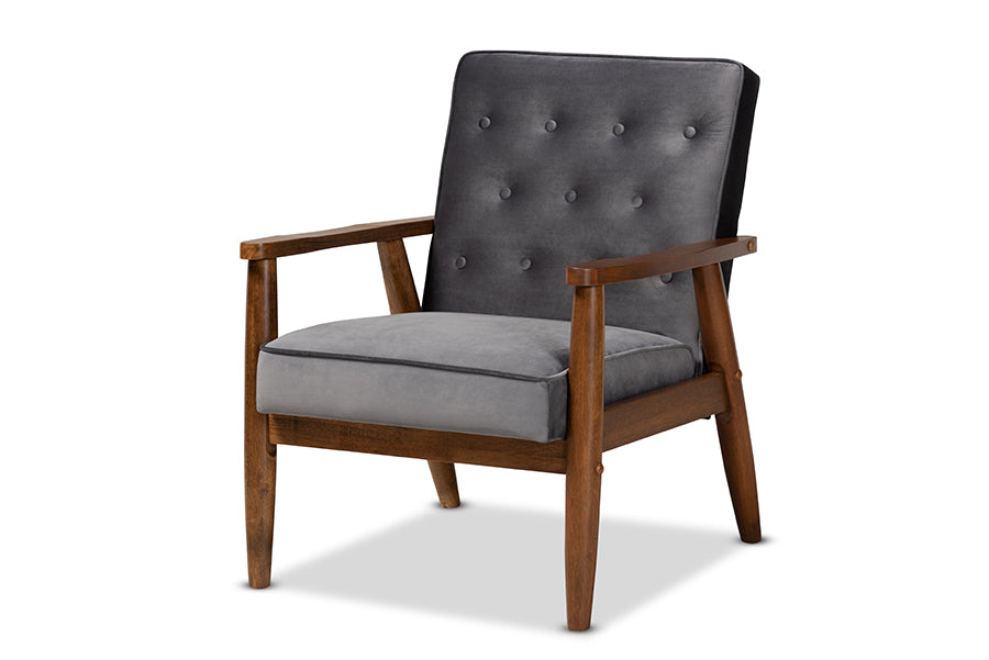 baxton studio sorrento mid century modern grey velvet fabric upholstered walnut finished wooden lounge chair | Modish Furniture Store-2