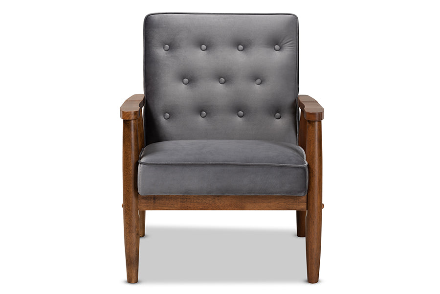 baxton studio sorrento mid century modern grey velvet fabric upholstered walnut finished wooden lounge chair | Modish Furniture Store-3
