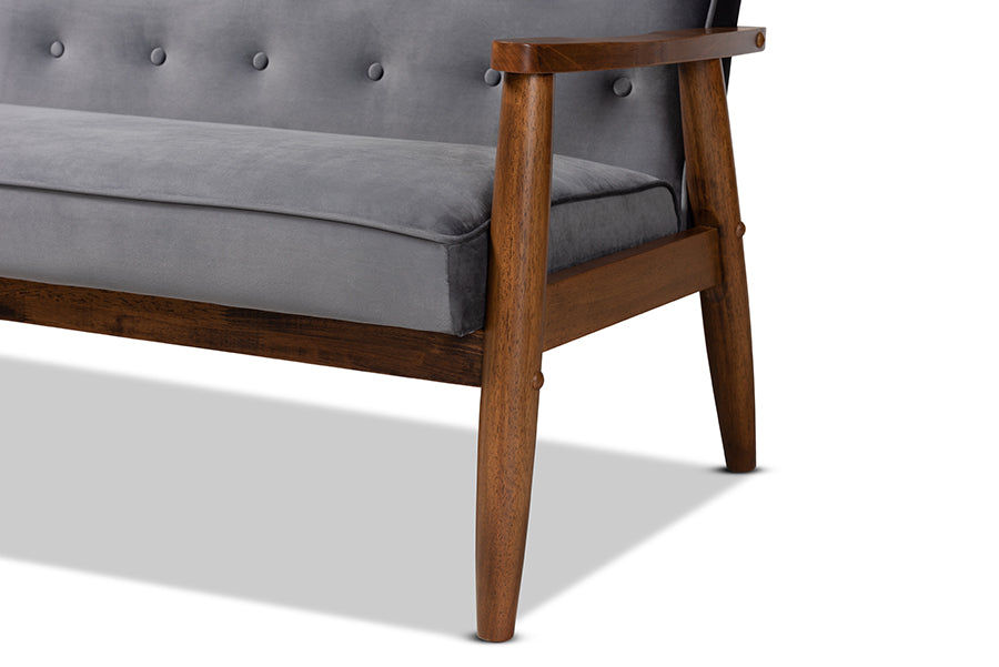 Baxton Studio Sorrento Mid-century Modern Grey Velvet Fabric Upholstered Walnut Finished 3-Piece Wooden Living Room Set | Sofas | Modishstore - 4