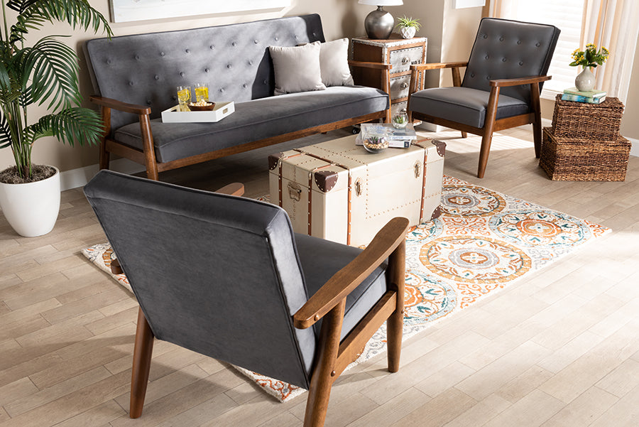 Baxton Studio Sorrento Mid-century Modern Grey Velvet Fabric Upholstered Walnut Finished 3-Piece Wooden Living Room Set | Sofas | Modishstore - 2
