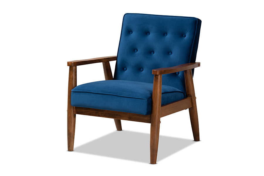 baxton studio sorrento mid century modern navy blue velvet fabric upholstered walnut finished wooden lounge chair | Modish Furniture Store-2