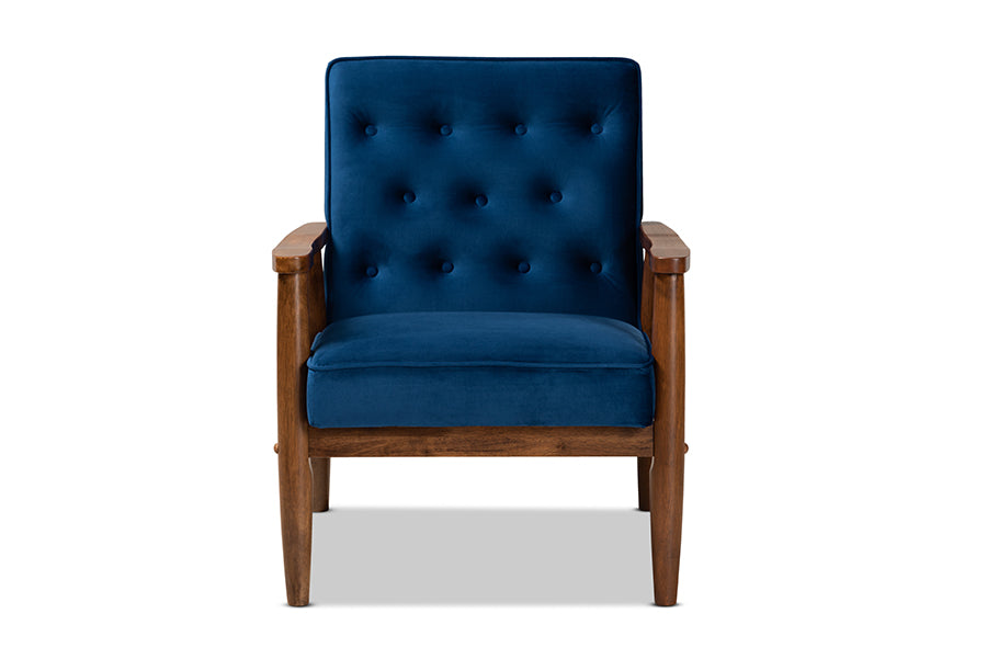 baxton studio sorrento mid century modern navy blue velvet fabric upholstered walnut finished wooden lounge chair | Modish Furniture Store-3