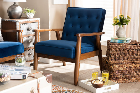 Baxton Studio Sorrento Mid-century Modern Navy Blue Velvet Fabric Upholstered Walnut Finished Wooden Lounge Chair | Modishstore | Lounge Chairs