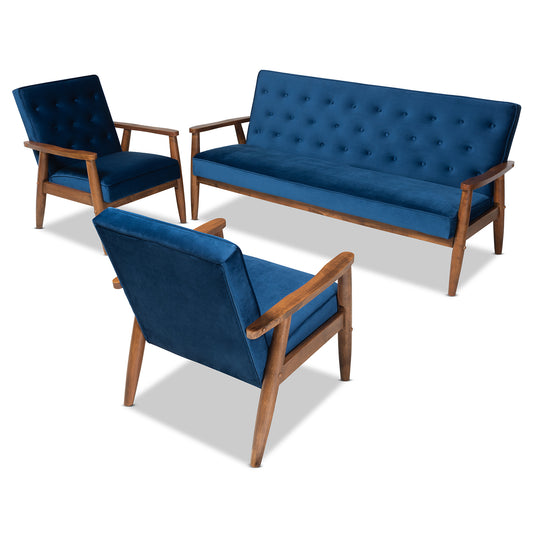 Baxton Studio Sorrento Mid-century Modern Navy Blue Velvet Fabric Upholstered Walnut Finished 3-Piece Wooden Living Room Set | Sofas | Modishstore