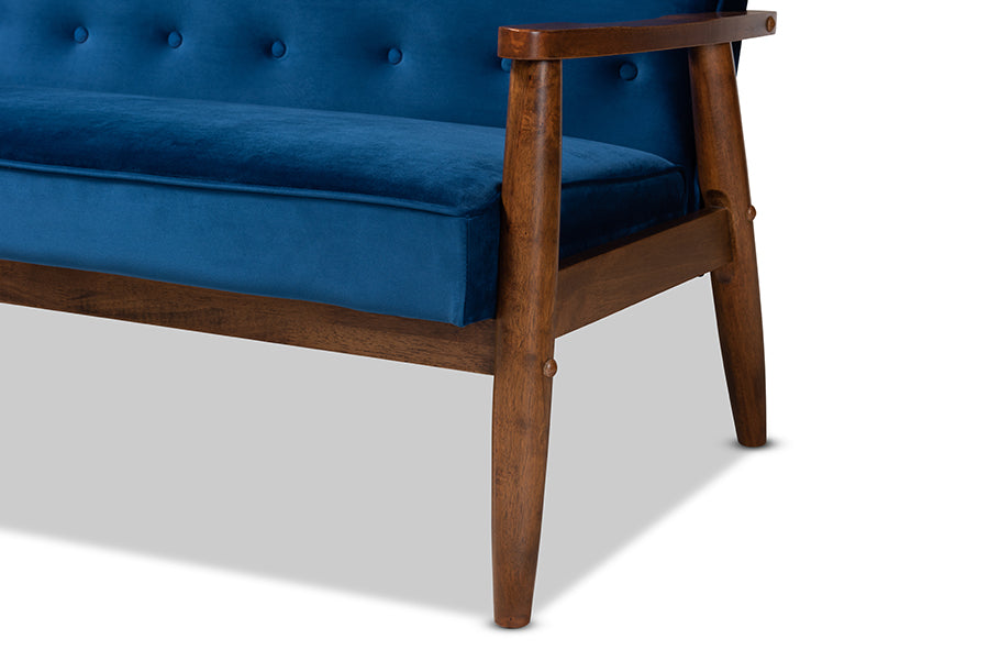 Baxton Studio Sorrento Mid-century Modern Navy Blue Velvet Fabric Upholstered Walnut Finished 3-Piece Wooden Living Room Set | Sofas | Modishstore - 4