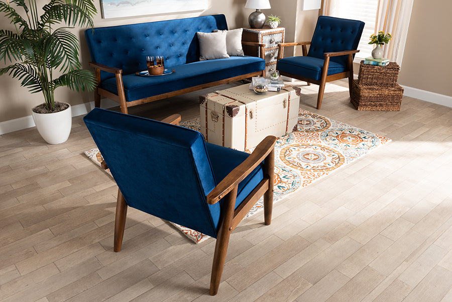 Baxton Studio Sorrento Mid-century Modern Navy Blue Velvet Fabric Upholstered Walnut Finished 3-Piece Wooden Living Room Set | Sofas | Modishstore - 2