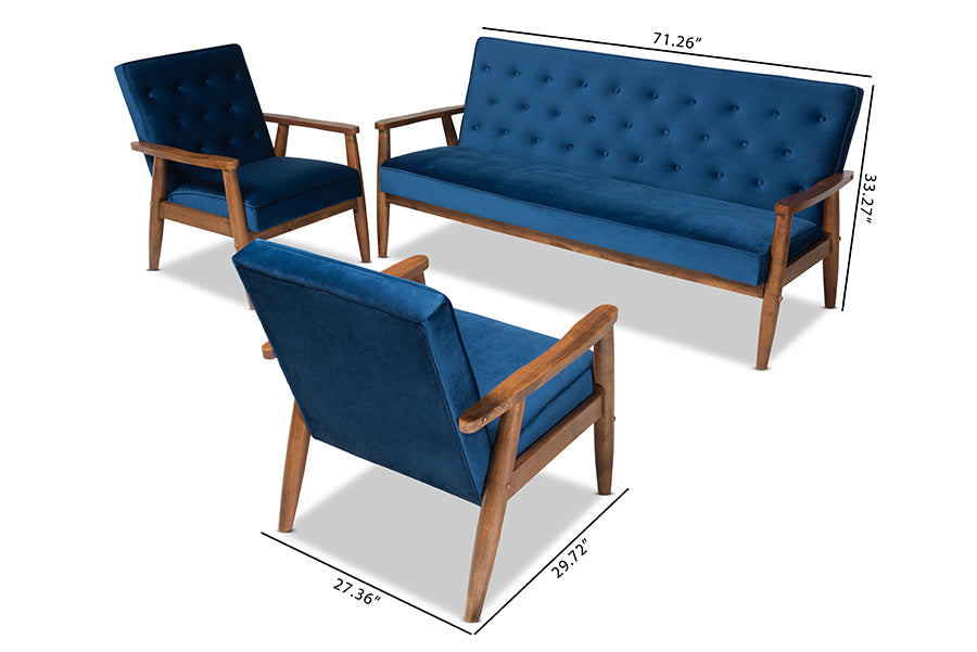 Baxton Studio Sorrento Mid-century Modern Navy Blue Velvet Fabric Upholstered Walnut Finished 3-Piece Wooden Living Room Set | Sofas | Modishstore - 3