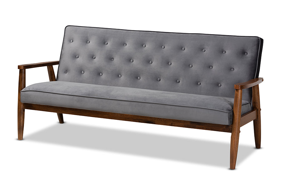 baxton studio sorrento mid century modern grey velvet fabric upholstered walnut finished wooden 3 seater sofa | Modish Furniture Store-2