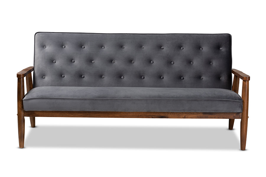 baxton studio sorrento mid century modern grey velvet fabric upholstered walnut finished wooden 3 seater sofa | Modish Furniture Store-3
