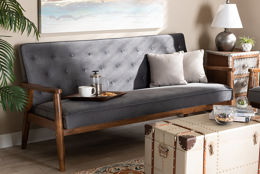 Baxton Studio Sorrento Mid-century Modern Grey Velvet Fabric Upholstered Walnut Finished Wooden 3-seater Sofa | Modishstore | Sofas