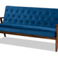 baxton studio sorrento mid century modern navy blue velvet fabric upholstered walnut finished wooden 3 seater sofa | Modish Furniture Store-2