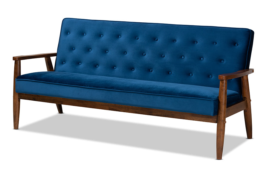 baxton studio sorrento mid century modern navy blue velvet fabric upholstered walnut finished wooden 3 seater sofa | Modish Furniture Store-2
