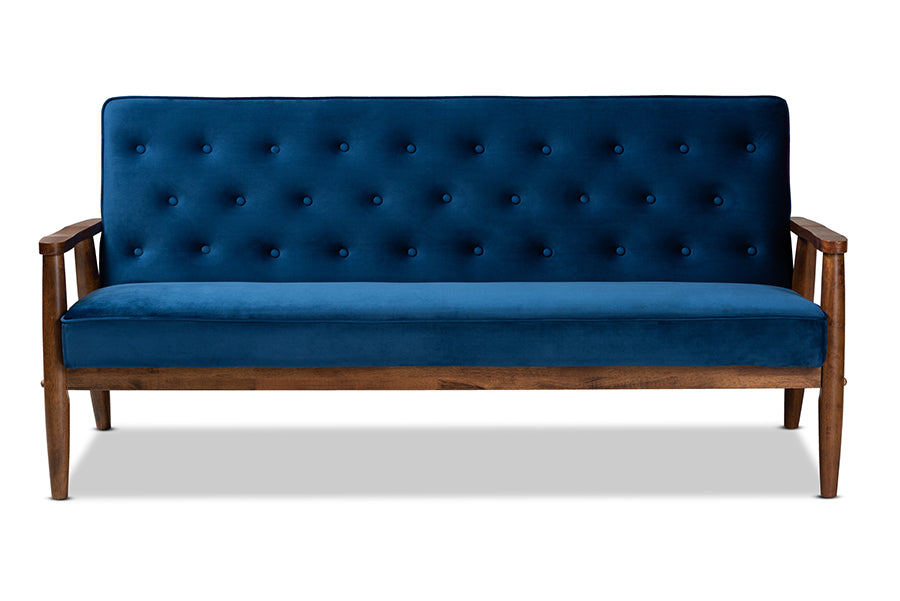 baxton studio sorrento mid century modern navy blue velvet fabric upholstered walnut finished wooden 3 seater sofa | Modish Furniture Store-3