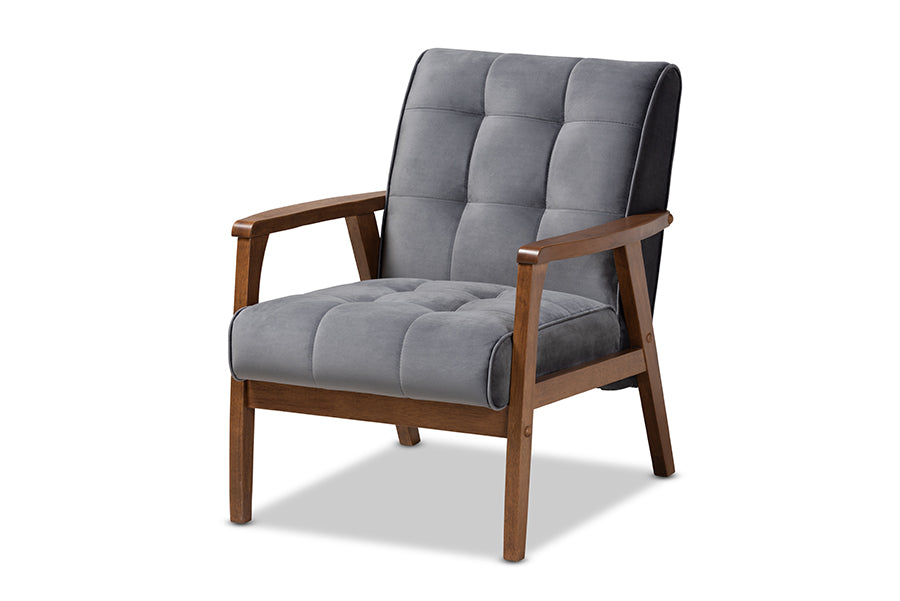 baxton studio asta mid century modern grey velvet fabric upholstered walnut finished wood armchair | Modish Furniture Store-2