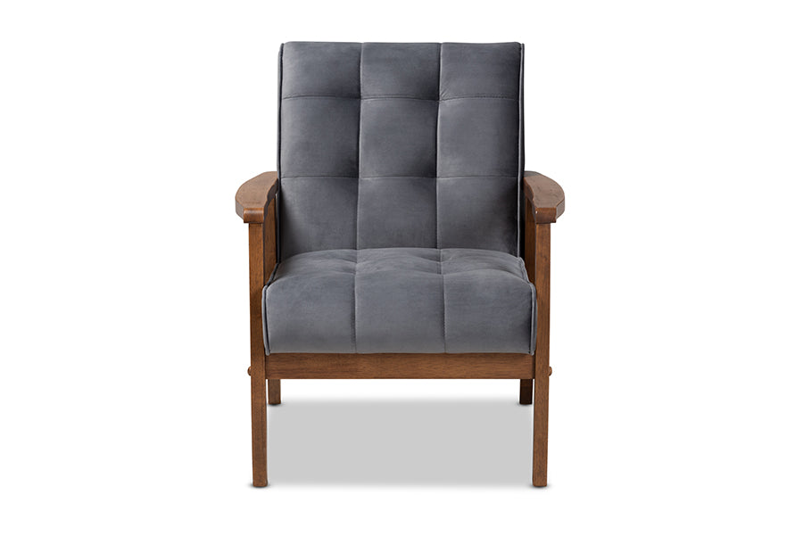 baxton studio asta mid century modern grey velvet fabric upholstered walnut finished wood armchair | Modish Furniture Store-3
