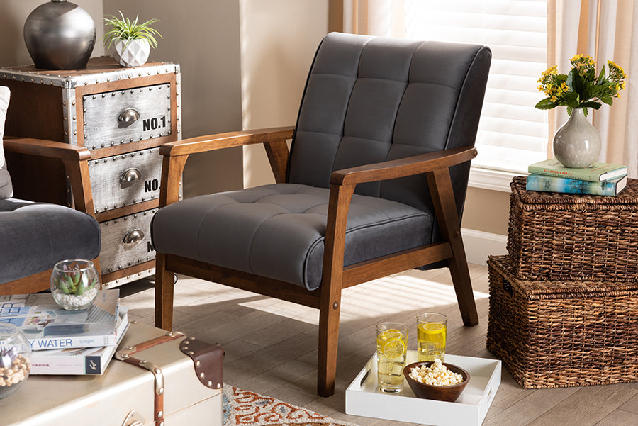 Baxton Studio Asta Mid-Century Modern Grey Velvet Fabric Upholstered Walnut Finished Wood Armchair | Modishstore | Armchairs