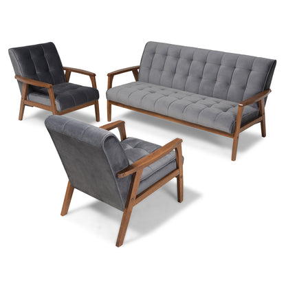 Baxton Studio Asta Mid-Century Modern Grey Velvet Fabric Upholstered Walnut Finished Wood 3-Piece Living Room Set | Sofas | Modishstore