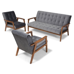 Baxton Studio Asta Mid-Century Modern Grey Velvet Fabric Upholstered Walnut Finished Wood 3-Piece Living Room Set