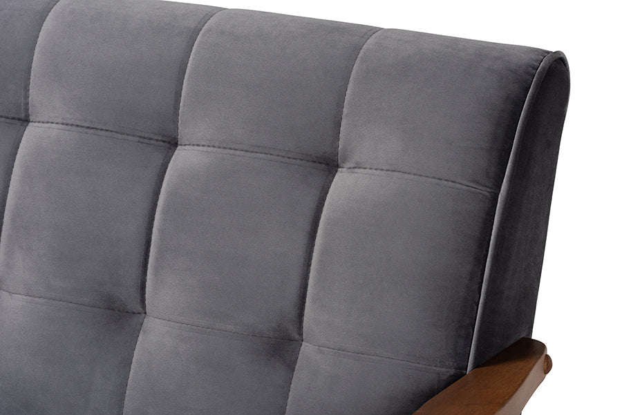 Baxton Studio Asta Mid-Century Modern Grey Velvet Fabric Upholstered Walnut Finished Wood 3-Piece Living Room Set | Sofas | Modishstore - 6