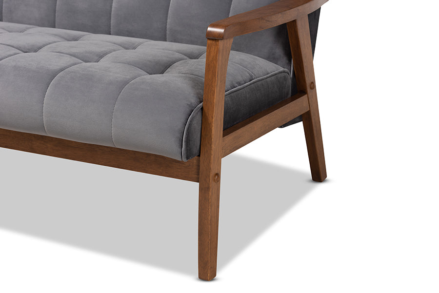Baxton Studio Asta Mid-Century Modern Grey Velvet Fabric Upholstered Walnut Finished Wood 3-Piece Living Room Set | Sofas | Modishstore - 5