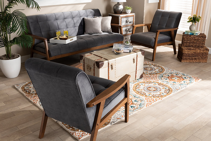 Baxton Studio Asta Mid-Century Modern Grey Velvet Fabric Upholstered Walnut Finished Wood 3-Piece Living Room Set | Sofas | Modishstore - 2