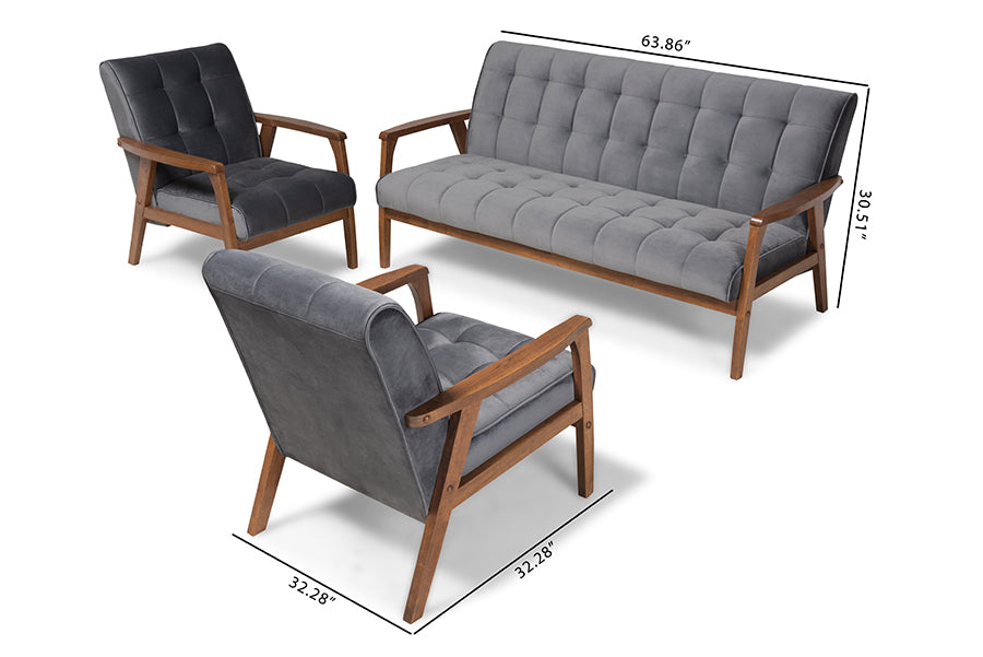 Baxton Studio Asta Mid-Century Modern Grey Velvet Fabric Upholstered Walnut Finished Wood 3-Piece Living Room Set | Sofas | Modishstore - 3