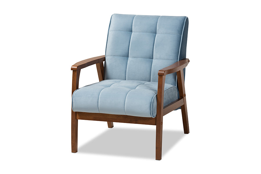 baxton studio asta mid century modern light blue velvet fabric upholstered walnut finished wood armchair | Modish Furniture Store-2