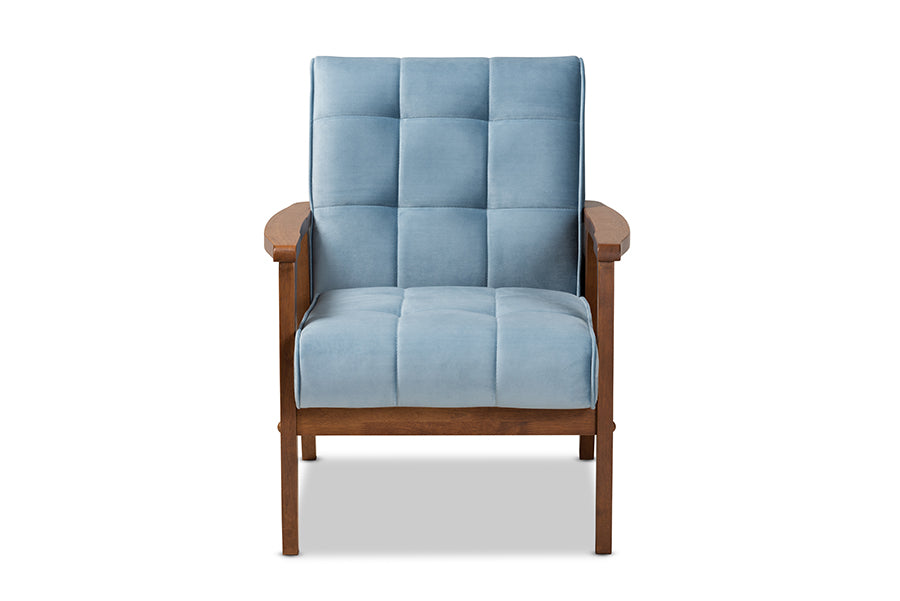 baxton studio asta mid century modern light blue velvet fabric upholstered walnut finished wood armchair | Modish Furniture Store-3