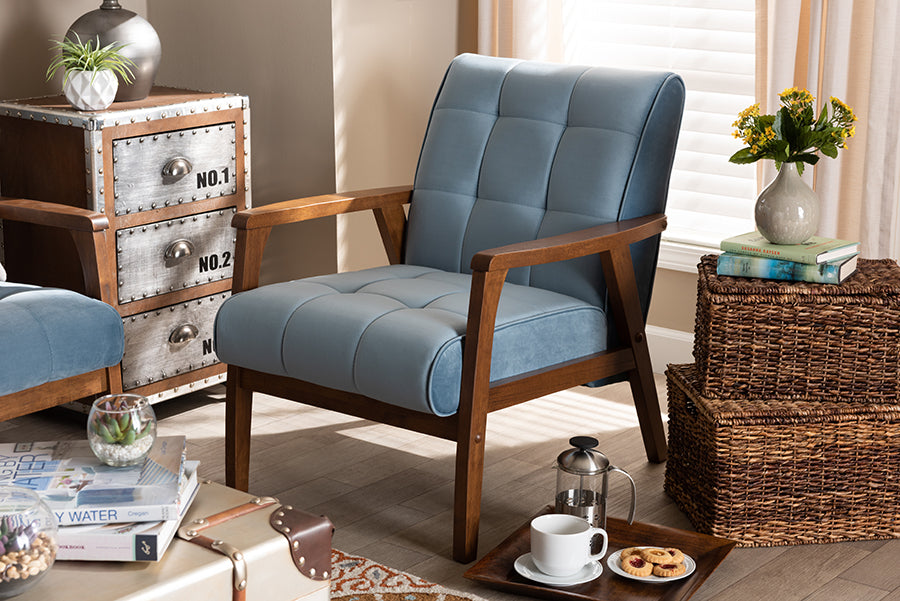 Baxton Studio Asta Mid-Century Modern Light Blue Velvet Fabric Upholstered Walnut Finished Wood Armchair | Modishstore | Armchairs