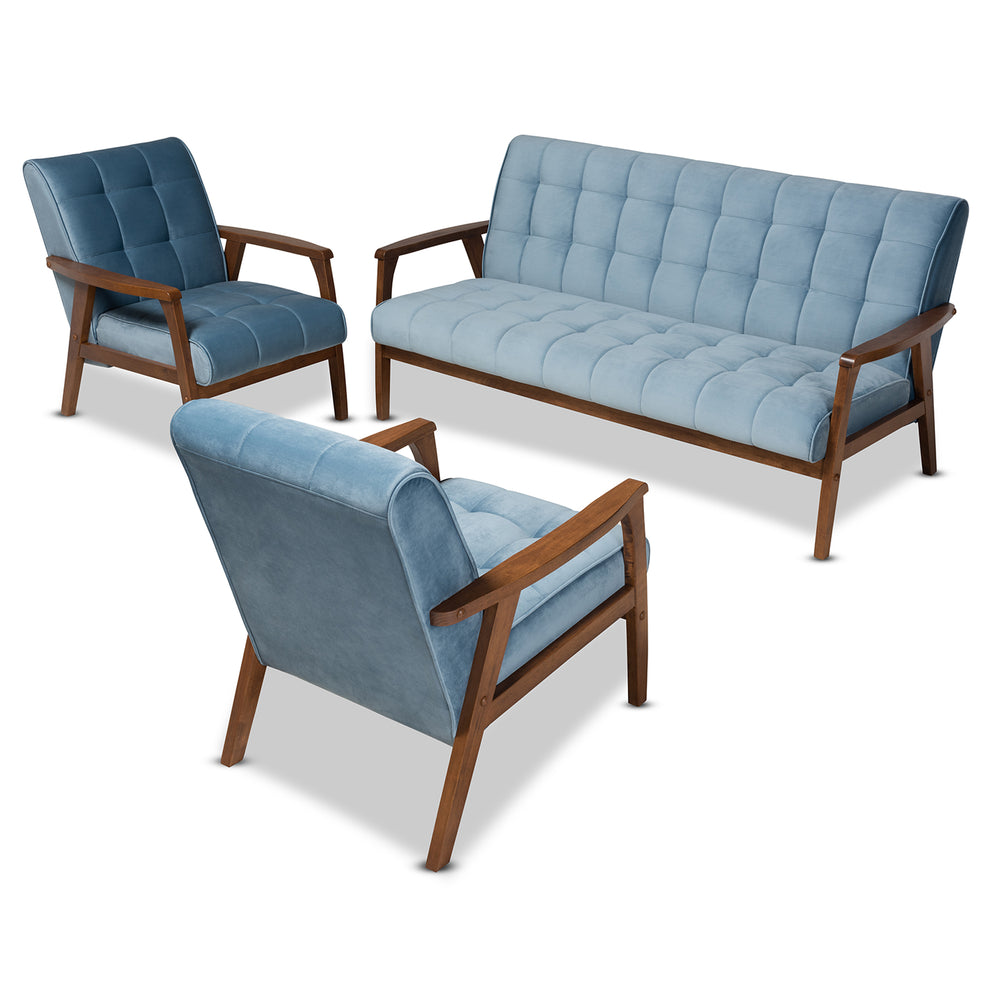 Baxton Studio Asta Mid-Century Modern Grey Velvet Fabric Upholstered Walnut Finished Wood 3-Piece Living Room Set | Sofas | Modishstore - 8