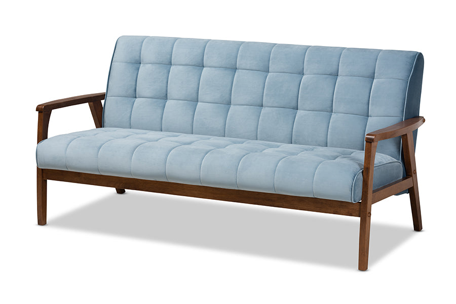 Baxton Studio Asta Mid-Century Modern Grey Velvet Fabric Upholstered Walnut Finished Wood 3-Piece Living Room Set | Sofas | Modishstore - 14
