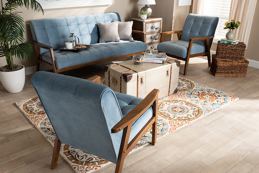 Baxton Studio Asta Mid-Century Modern Grey Velvet Fabric Upholstered Walnut Finished Wood 3-Piece Living Room Set | Sofas | Modishstore - 9