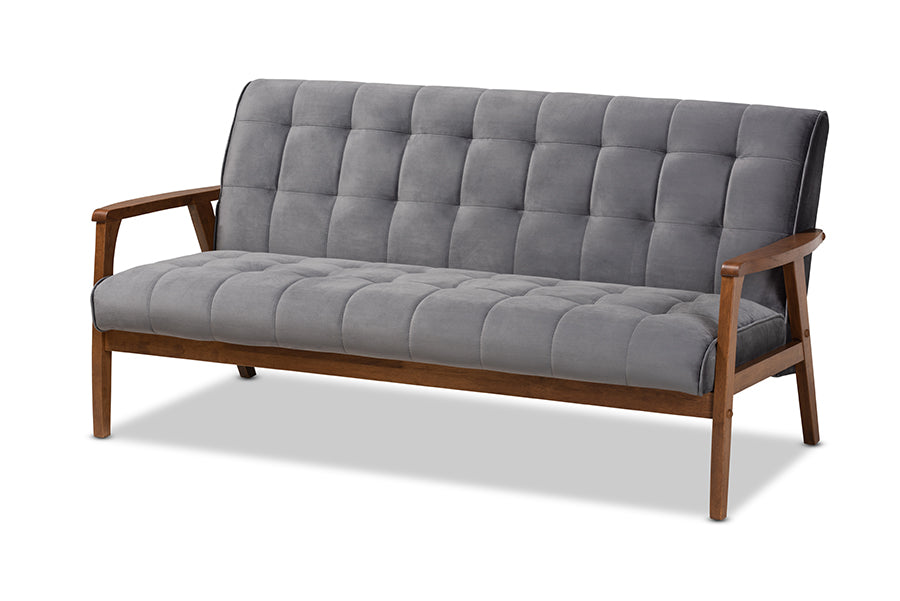 baxton studio asta mid century modern grey velvet fabric upholstered walnut finished wood sofa | Modish Furniture Store-2