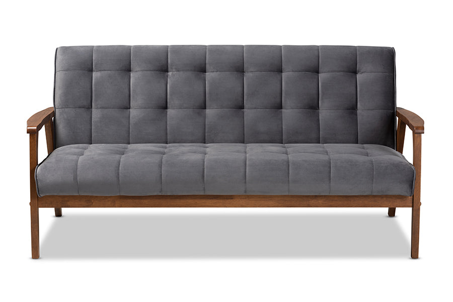 baxton studio asta mid century modern grey velvet fabric upholstered walnut finished wood sofa | Modish Furniture Store-3